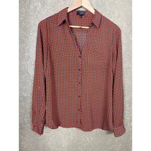 The Limited Orange Blue Pattern Button Down Blouse Top Roll Tab Sleeves Size M